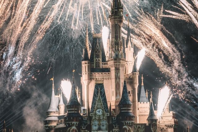 Fireworks over Cinderella Castle at night
